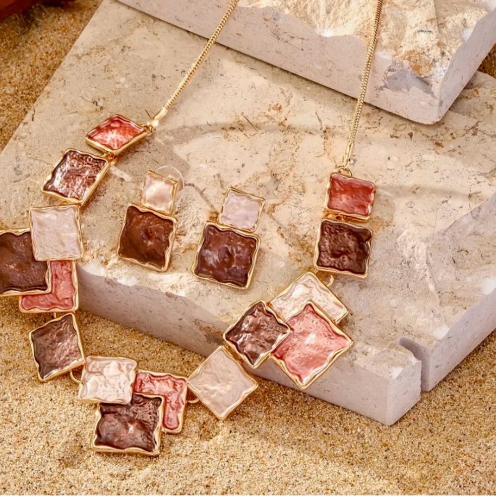Zinc Alloy Square Link Earrings and Necklace Set - Handcrafted with Enamel Drops
